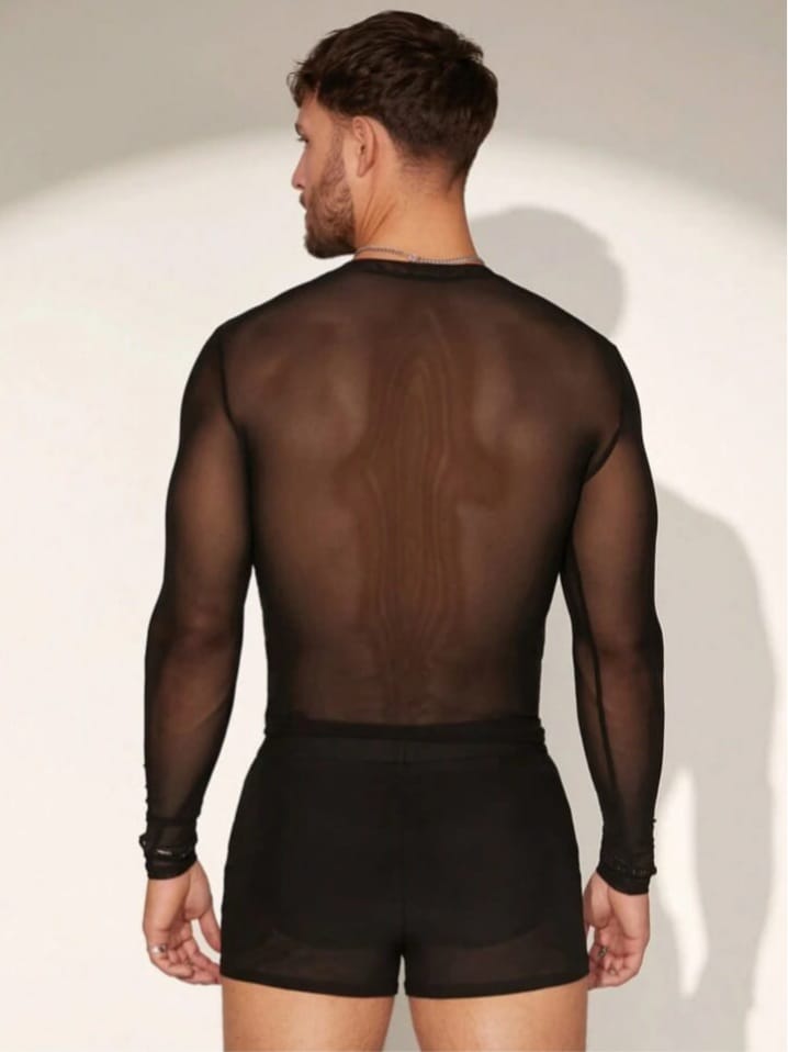 Men's Rhinestone See-Through Mesh Long Sleeve Tight-Fitting Sleepwear